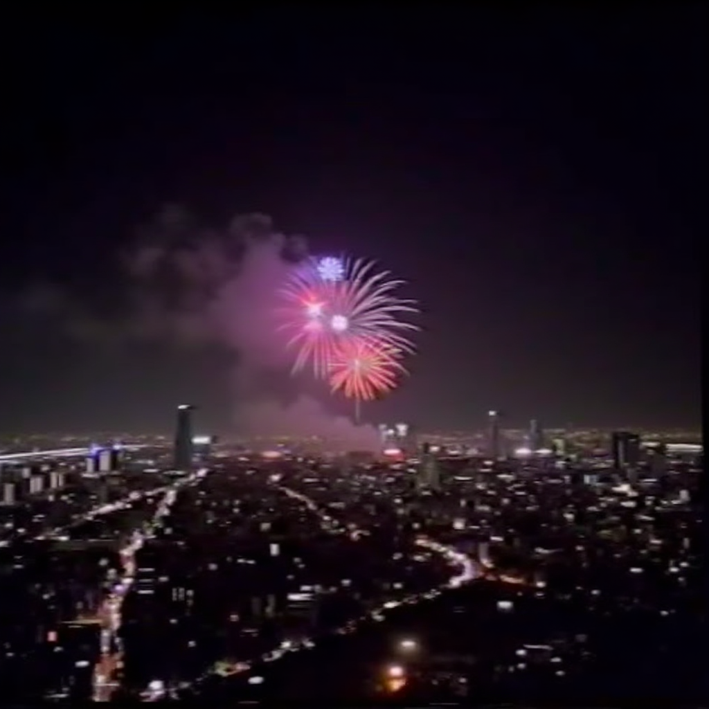 AI-generated fireworks above a city skyline